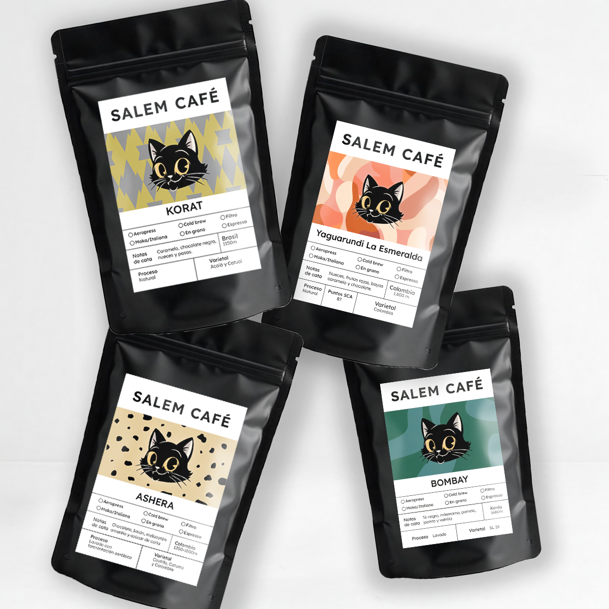 Pack café de especialidad con envío gratis "cuatro Orígenes" Korat + Ashera + Yaguarundí + Bombay