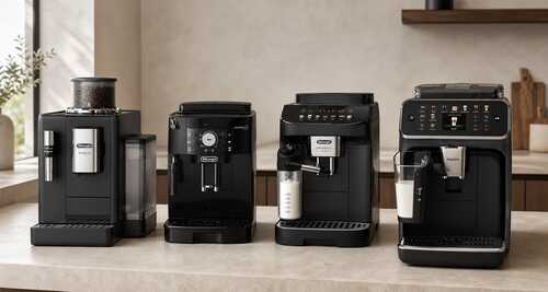 Comparativa de cafeteras superautomáticas De'Longhi Rivelia, De'Longhi Magnifica S, De'Longhi Magnifica EVO y Philips Serie 3200 en una cocina