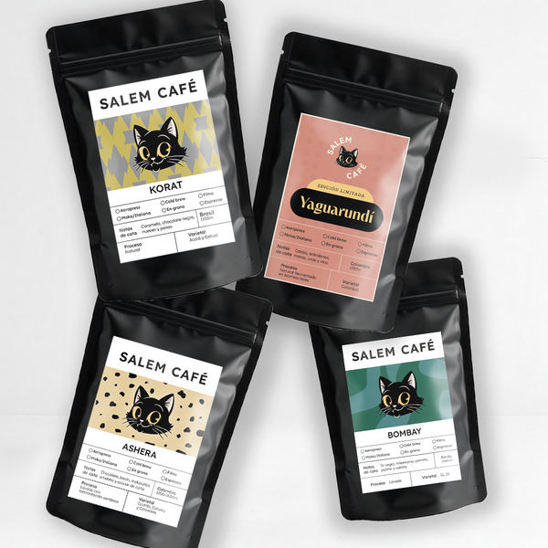 Pack café de especialidad con envío gratis "cuatro Orígenes" Korat + Ashera + Yaguarundí + Bombay